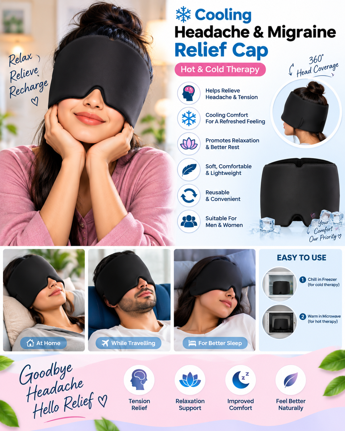 Cooling Headache & Migraine Relief Cap – Hot & Cold Therapy